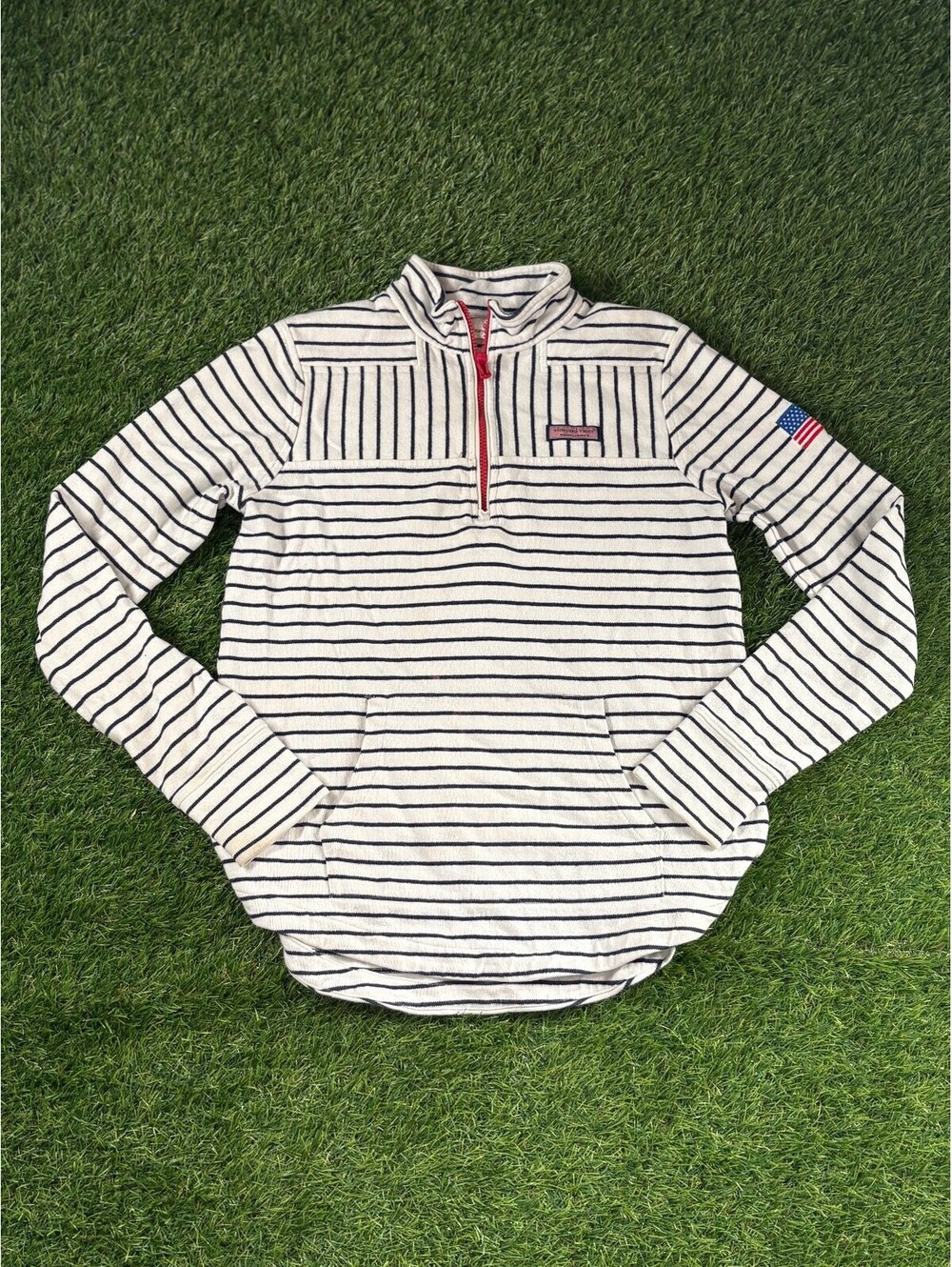 Vineyard Vines Striped Pullover Hoodie White Navy Cotton Womens XS
